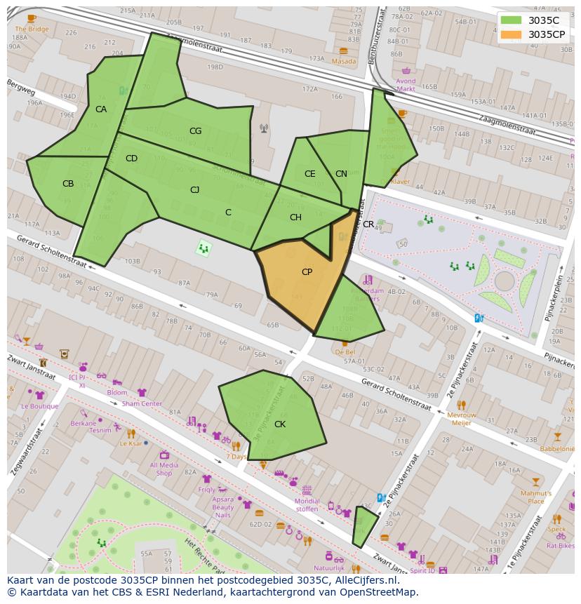 Afbeelding van het postcodegebied 3035 CP op de kaart.
