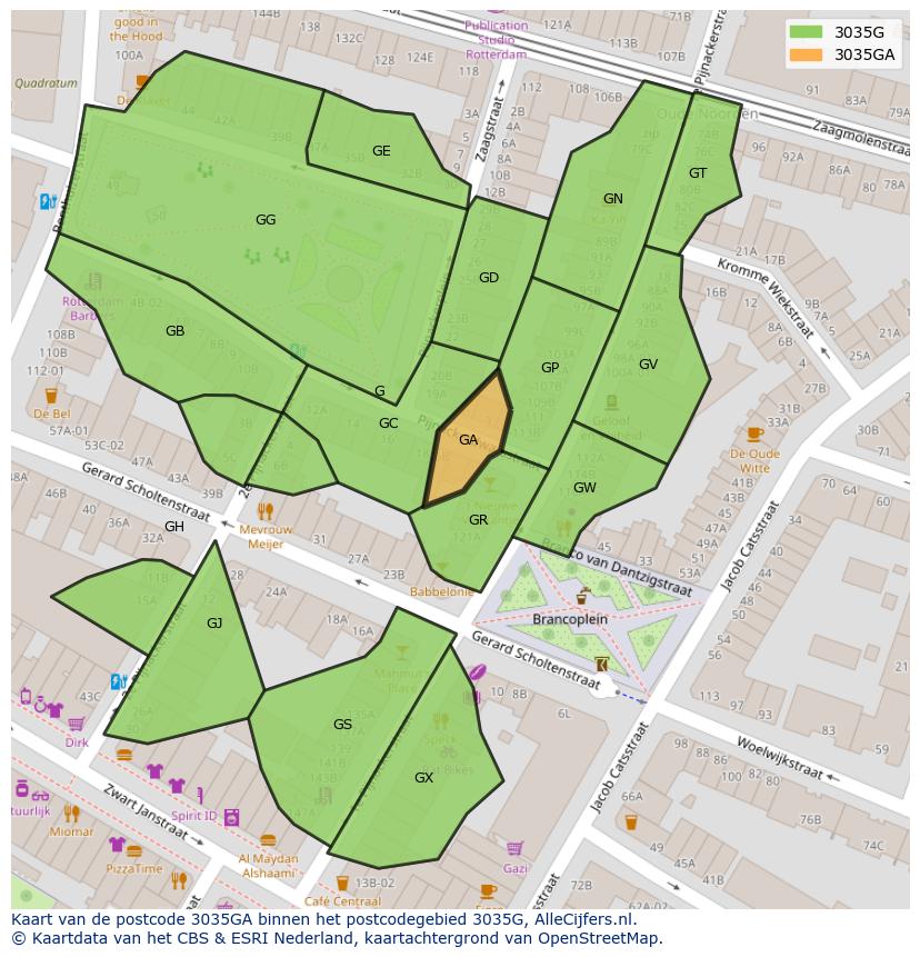 Afbeelding van het postcodegebied 3035 GA op de kaart.