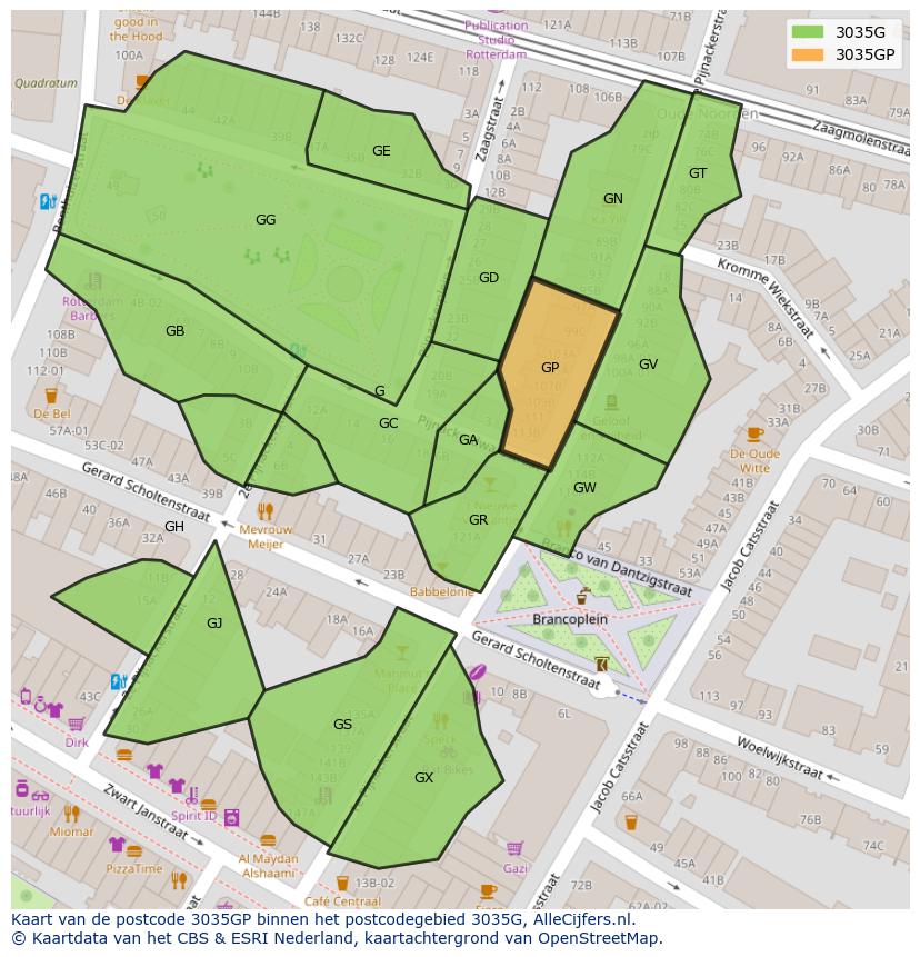 Afbeelding van het postcodegebied 3035 GP op de kaart.