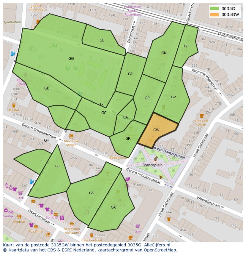 Afbeelding van het postcodegebied 3035 GW op de kaart.