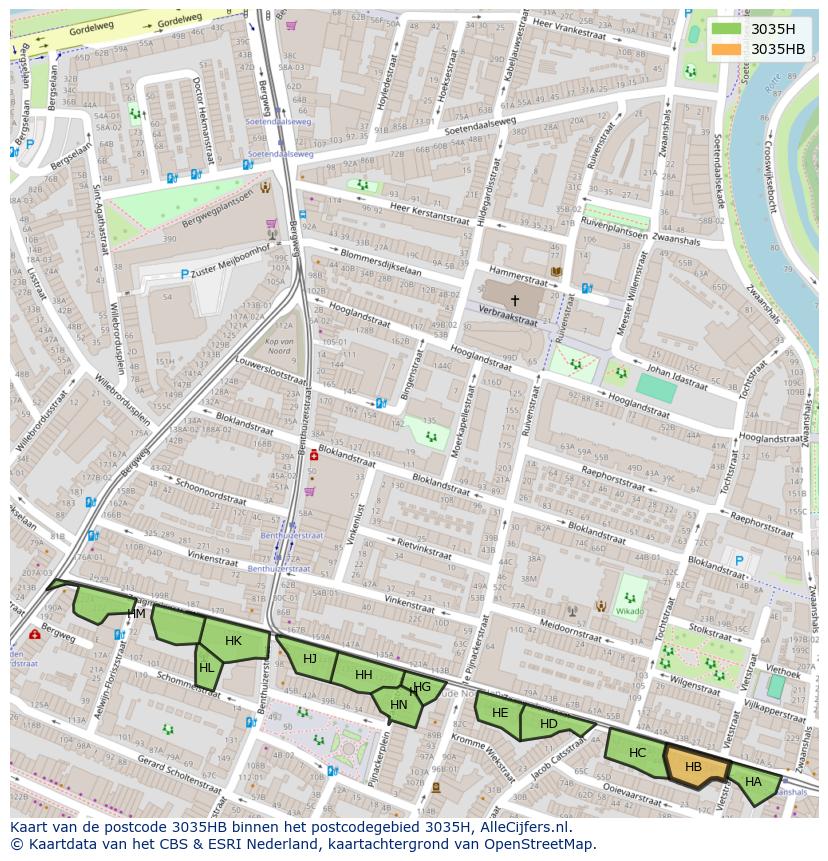 Afbeelding van het postcodegebied 3035 HB op de kaart.