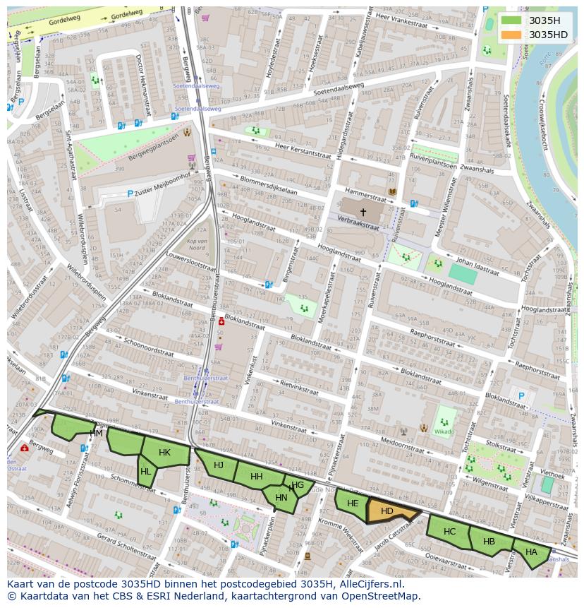 Afbeelding van het postcodegebied 3035 HD op de kaart.