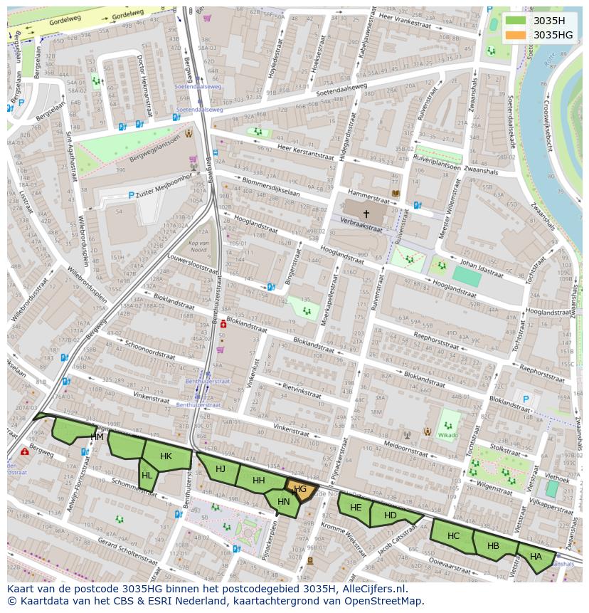 Afbeelding van het postcodegebied 3035 HG op de kaart.