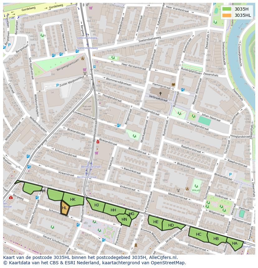 Afbeelding van het postcodegebied 3035 HL op de kaart.