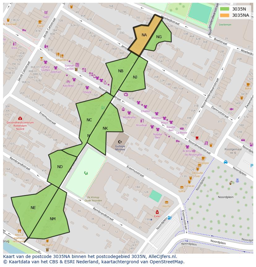 Afbeelding van het postcodegebied 3035 NA op de kaart.