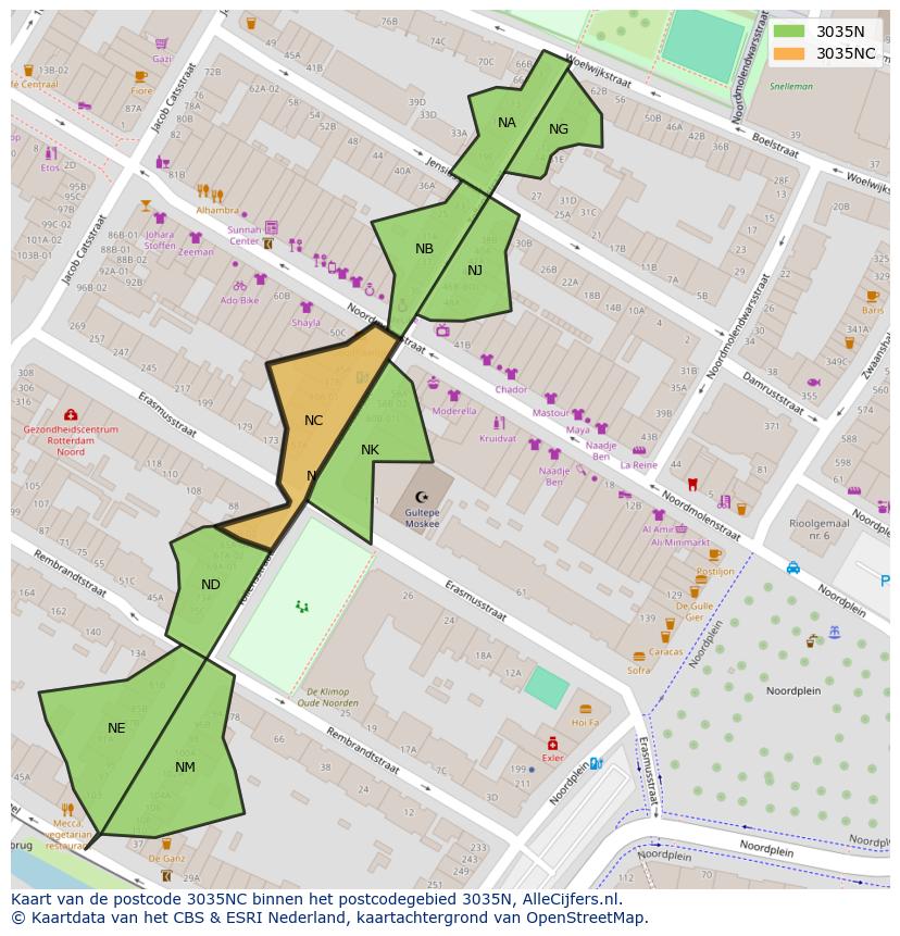 Afbeelding van het postcodegebied 3035 NC op de kaart.