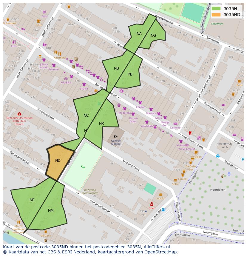 Afbeelding van het postcodegebied 3035 ND op de kaart.