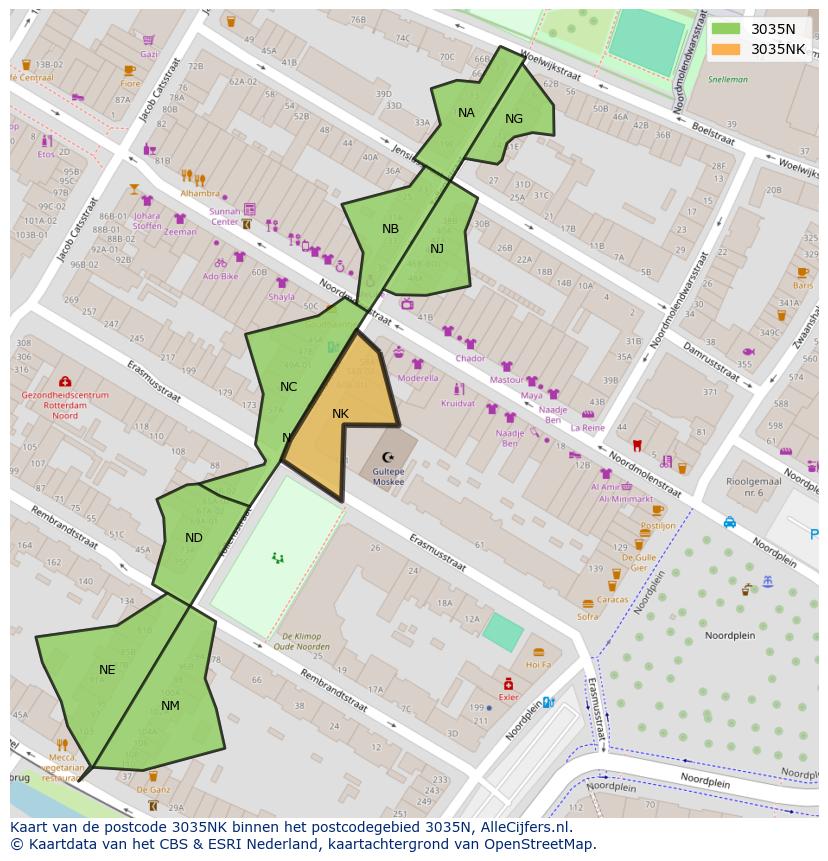 Afbeelding van het postcodegebied 3035 NK op de kaart.