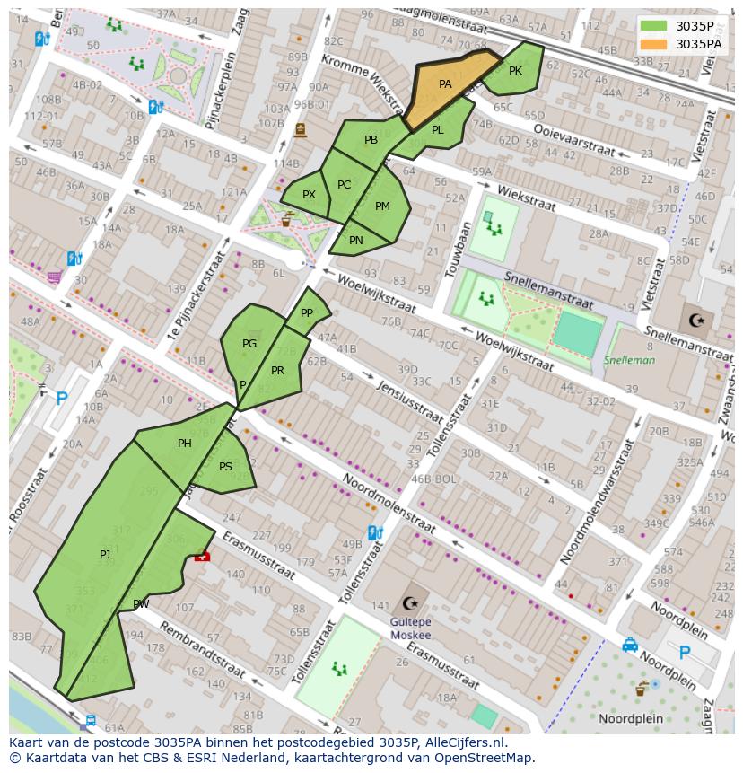 Afbeelding van het postcodegebied 3035 PA op de kaart.