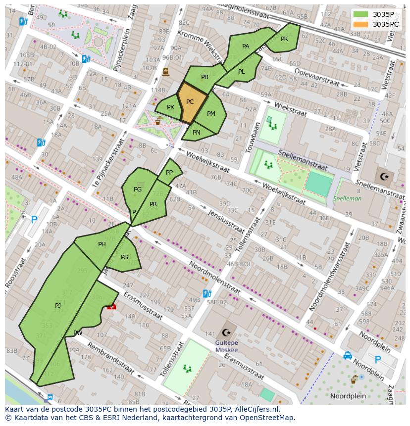 Afbeelding van het postcodegebied 3035 PC op de kaart.
