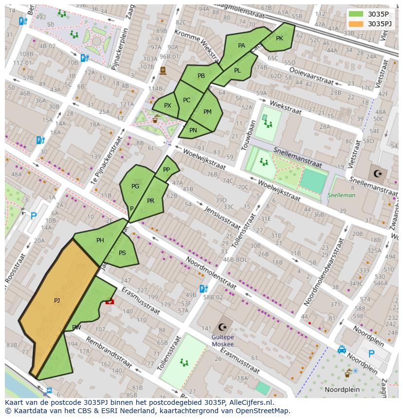 Afbeelding van het postcodegebied 3035 PJ op de kaart.