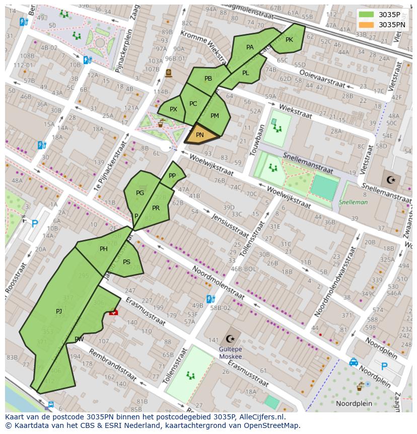 Afbeelding van het postcodegebied 3035 PN op de kaart.