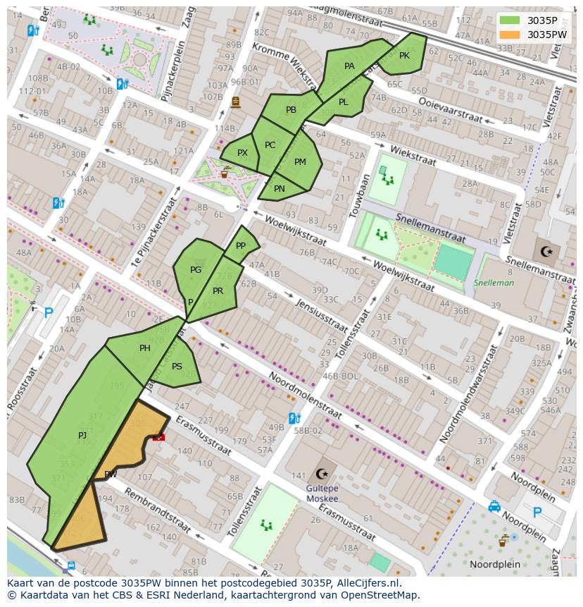 Afbeelding van het postcodegebied 3035 PW op de kaart.