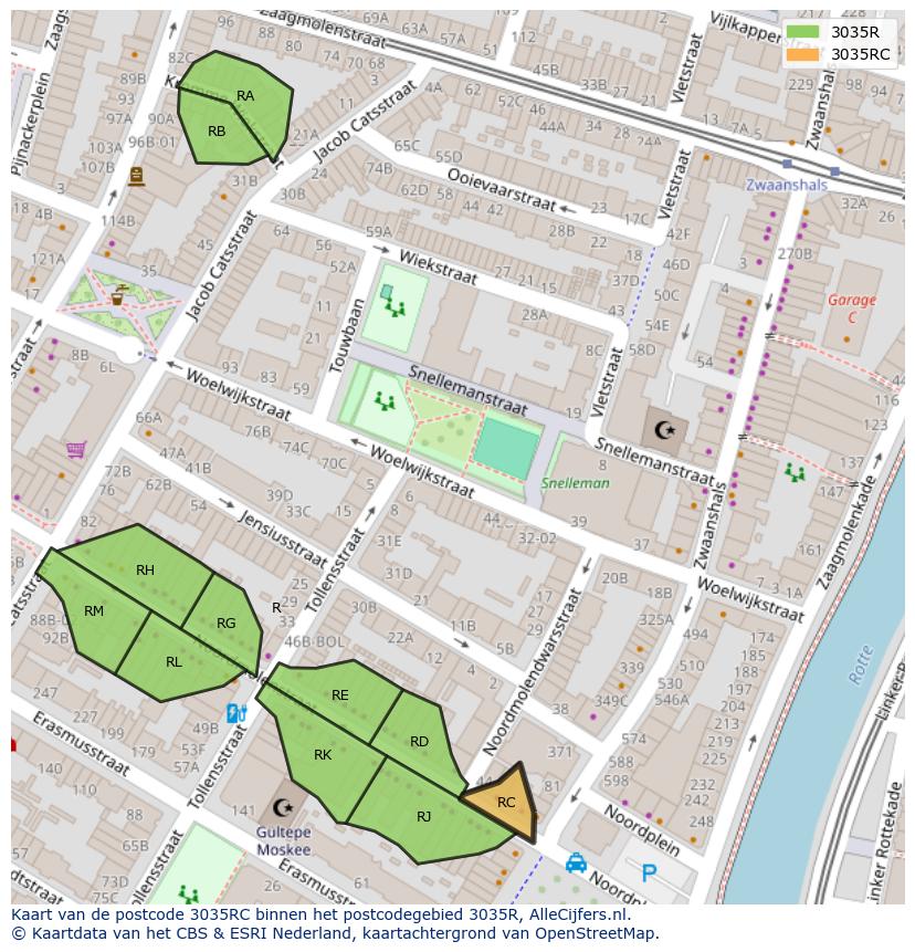 Afbeelding van het postcodegebied 3035 RC op de kaart.