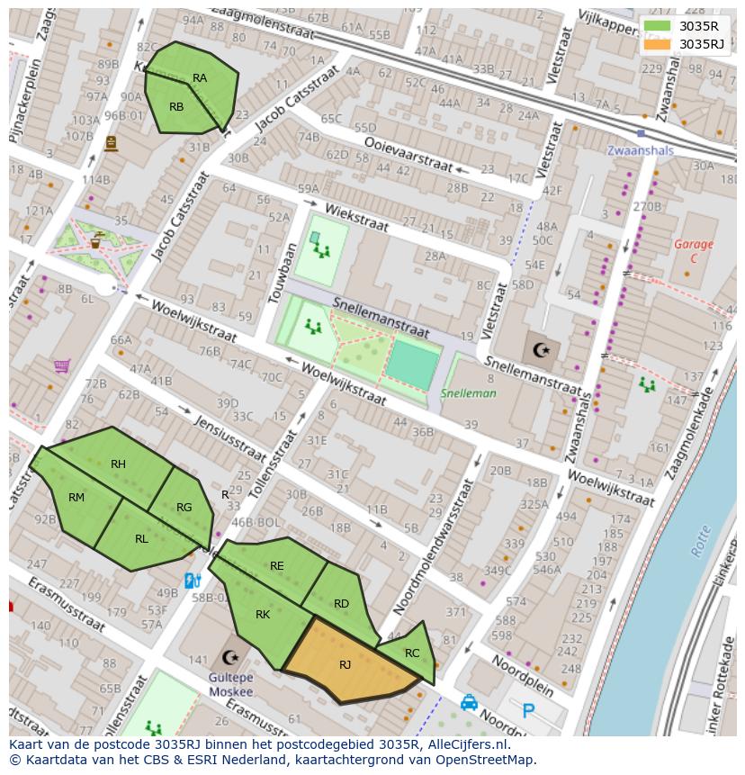 Afbeelding van het postcodegebied 3035 RJ op de kaart.