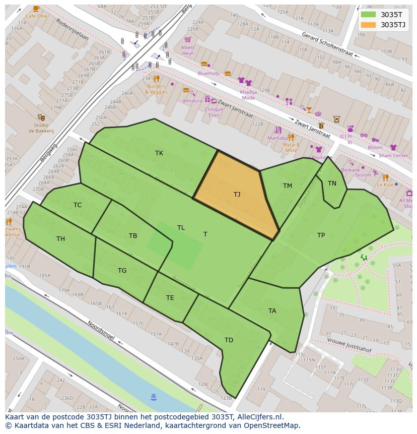 Afbeelding van het postcodegebied 3035 TJ op de kaart.