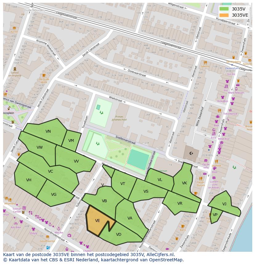 Afbeelding van het postcodegebied 3035 VE op de kaart.