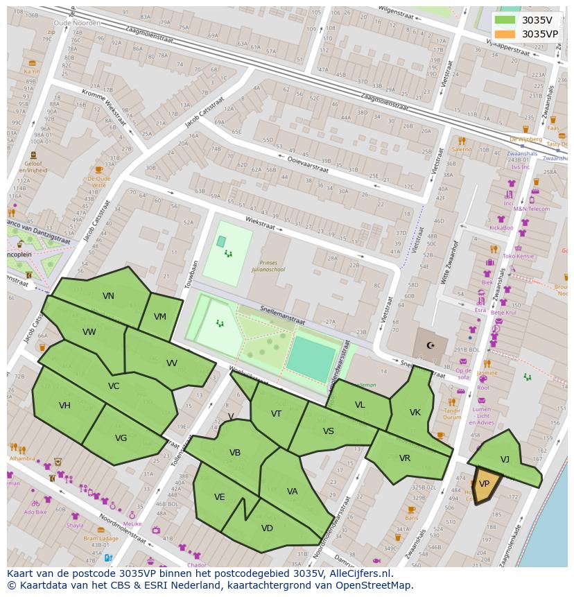 Afbeelding van het postcodegebied 3035 VP op de kaart.
