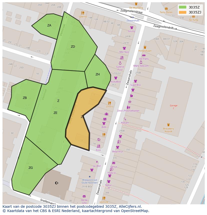 Afbeelding van het postcodegebied 3035 ZJ op de kaart.