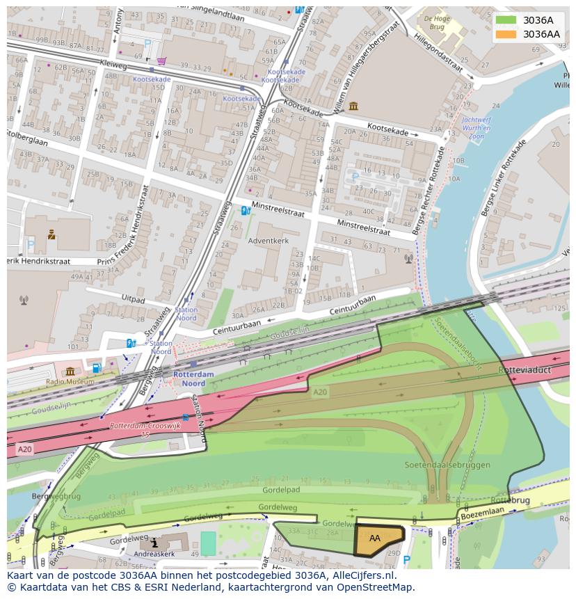 Afbeelding van het postcodegebied 3036 AA op de kaart.