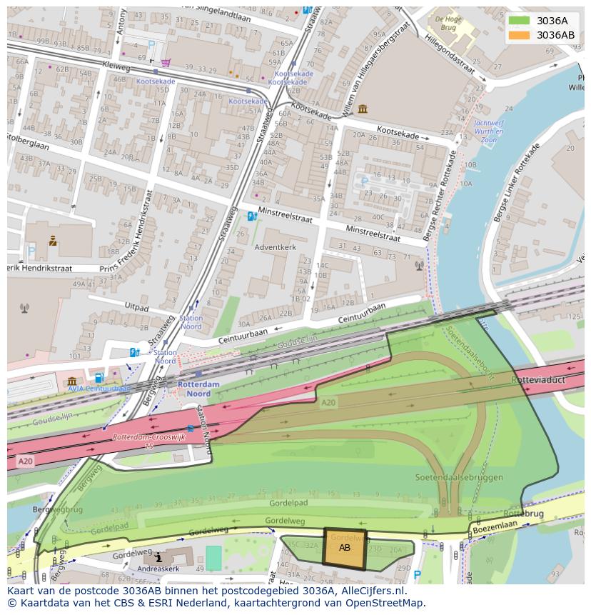 Afbeelding van het postcodegebied 3036 AB op de kaart.