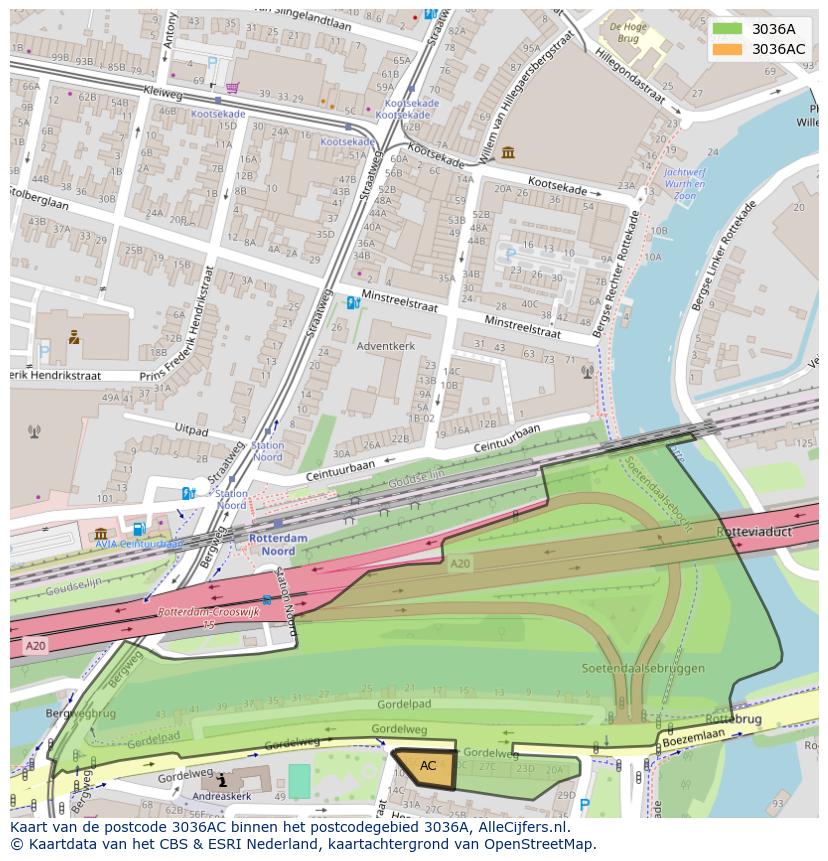 Afbeelding van het postcodegebied 3036 AC op de kaart.
