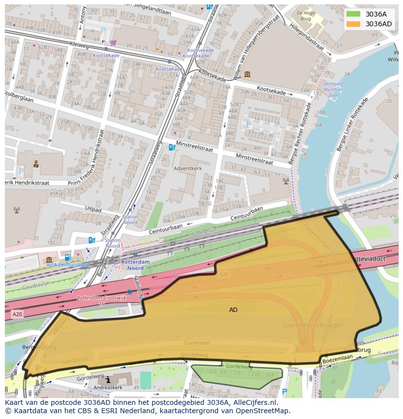 Afbeelding van het postcodegebied 3036 AD op de kaart.