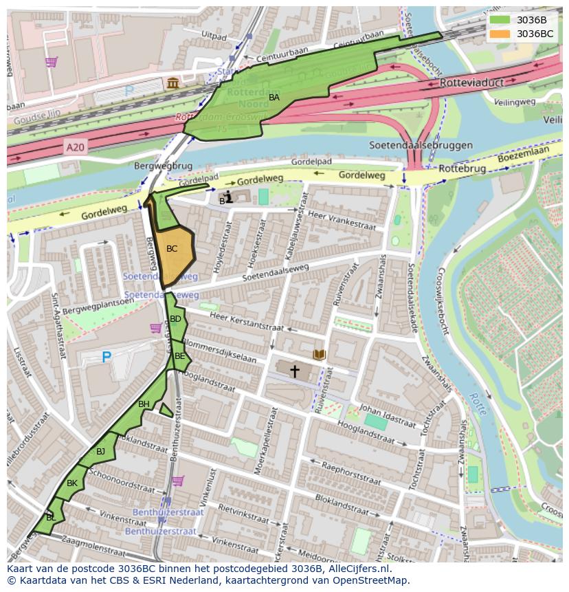 Afbeelding van het postcodegebied 3036 BC op de kaart.