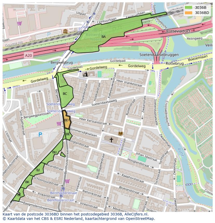 Afbeelding van het postcodegebied 3036 BD op de kaart.