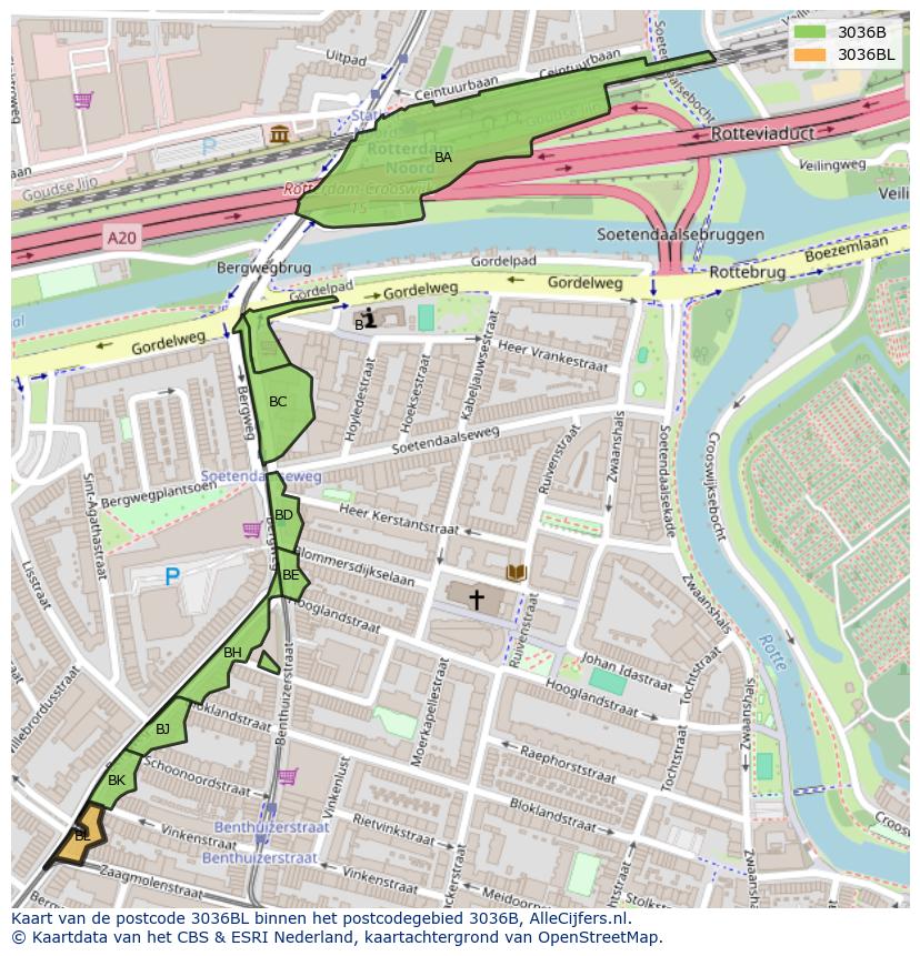 Afbeelding van het postcodegebied 3036 BL op de kaart.