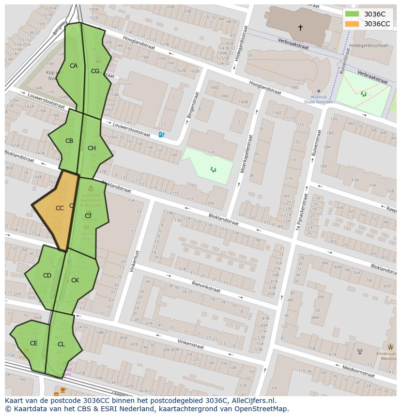 Afbeelding van het postcodegebied 3036 CC op de kaart.