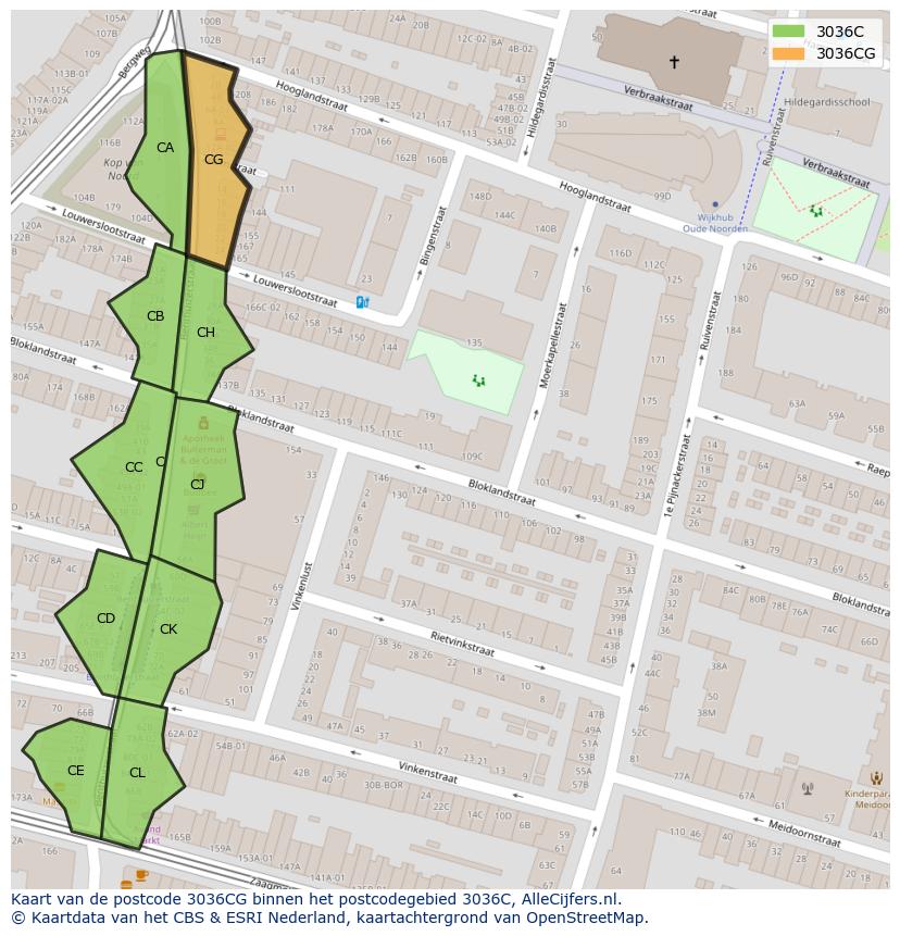 Afbeelding van het postcodegebied 3036 CG op de kaart.