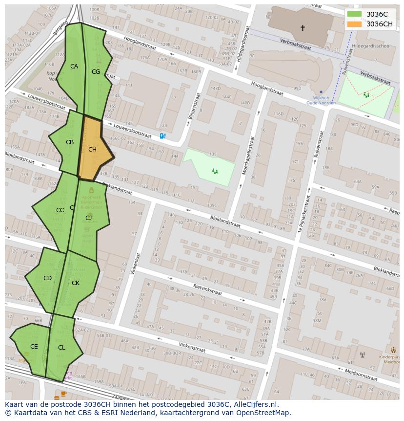 Afbeelding van het postcodegebied 3036 CH op de kaart.