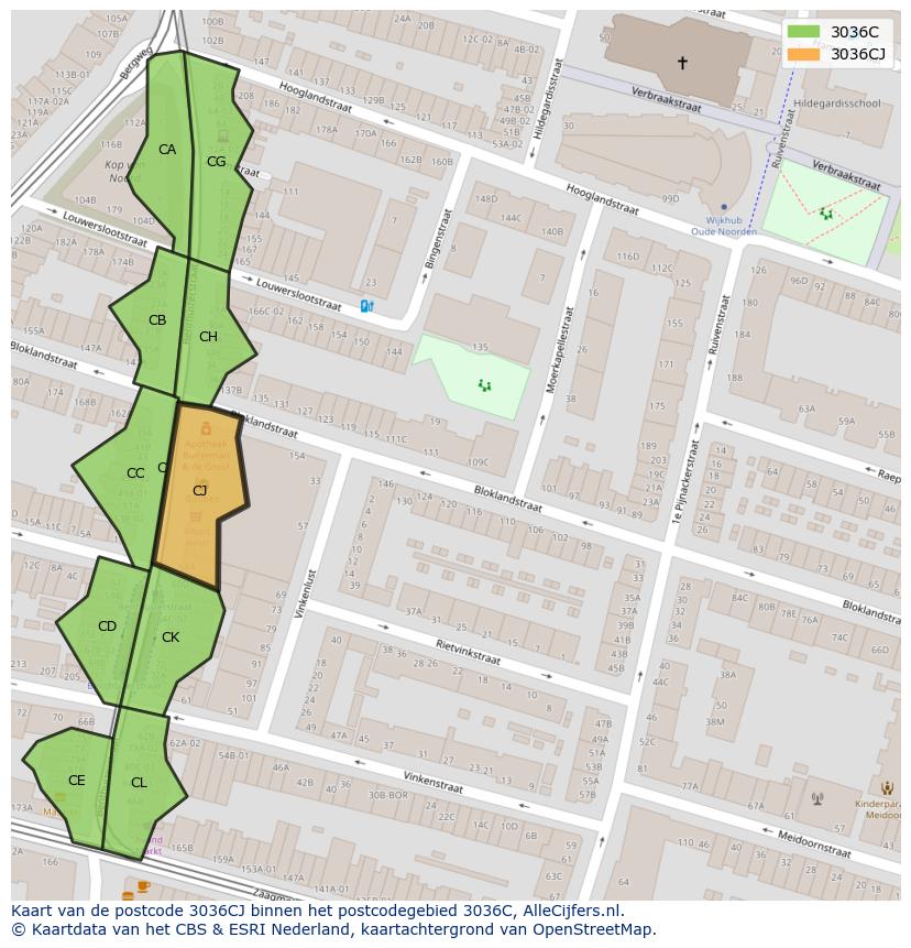Afbeelding van het postcodegebied 3036 CJ op de kaart.