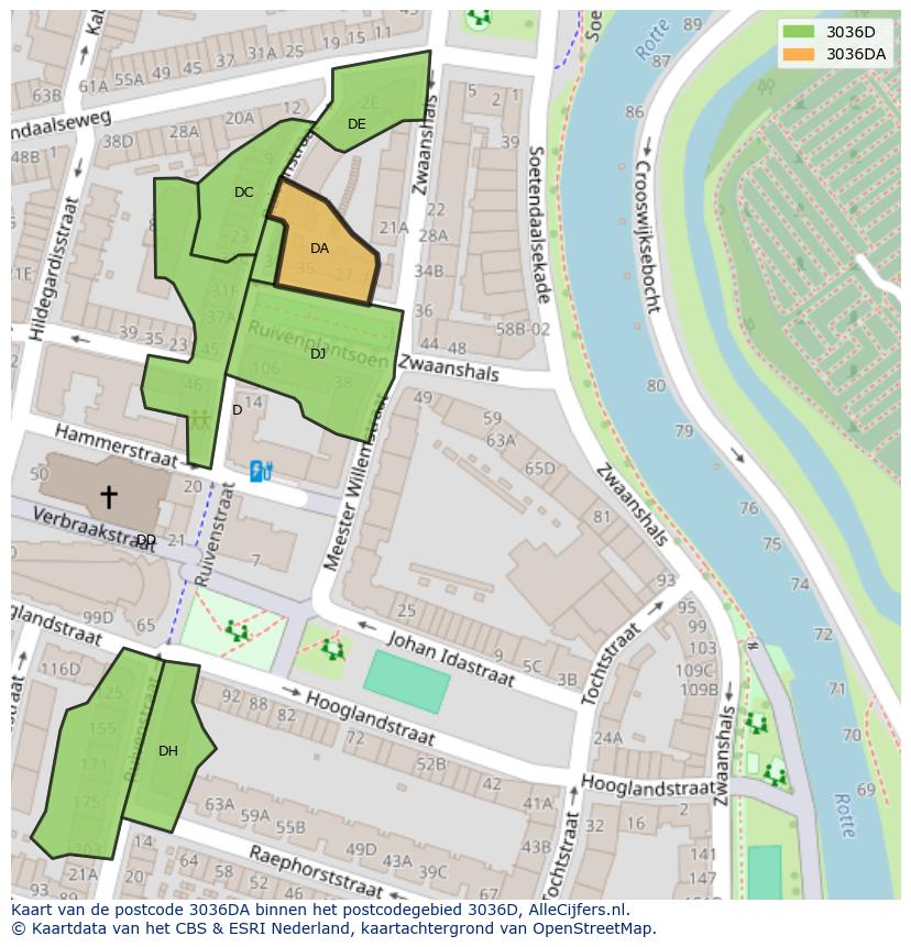 Afbeelding van het postcodegebied 3036 DA op de kaart.