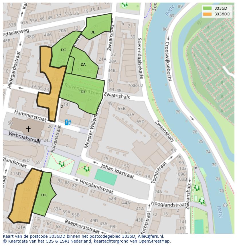Afbeelding van het postcodegebied 3036 DD op de kaart.