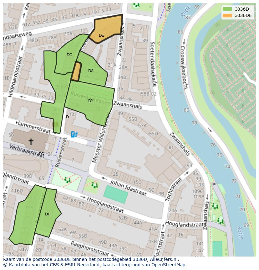Afbeelding van het postcodegebied 3036 DE op de kaart.