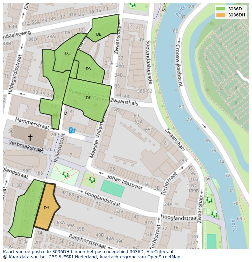Afbeelding van het postcodegebied 3036 DH op de kaart.