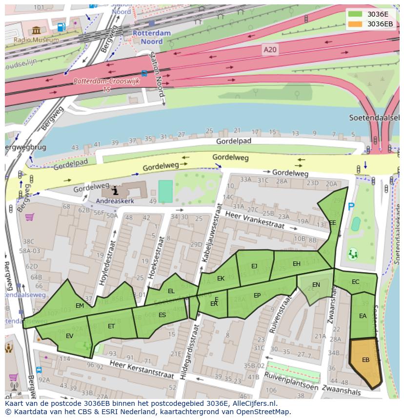 Afbeelding van het postcodegebied 3036 EB op de kaart.