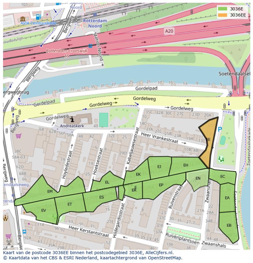 Afbeelding van het postcodegebied 3036 EE op de kaart.