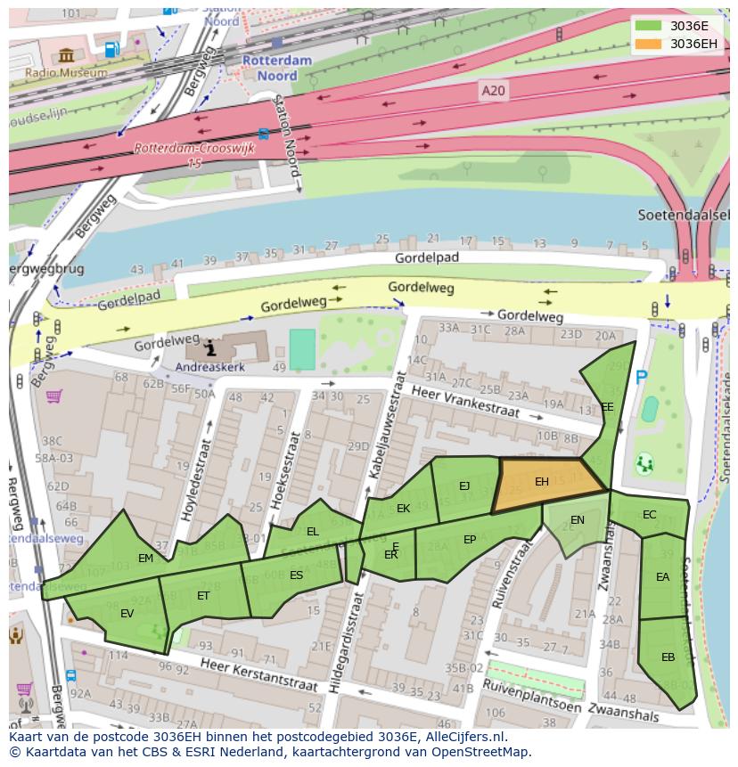 Afbeelding van het postcodegebied 3036 EH op de kaart.