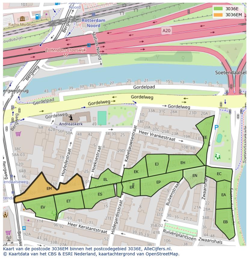 Afbeelding van het postcodegebied 3036 EM op de kaart.