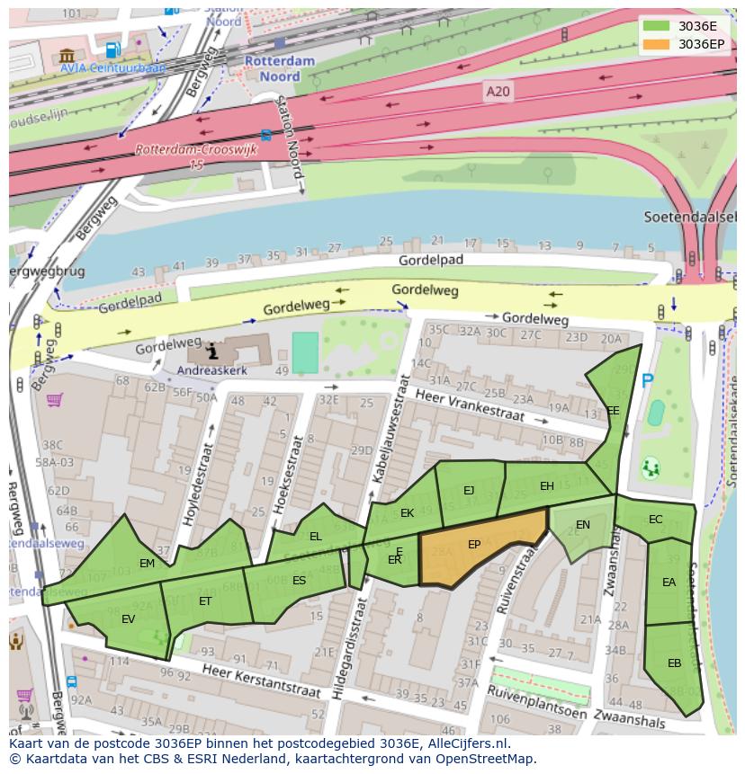 Afbeelding van het postcodegebied 3036 EP op de kaart.