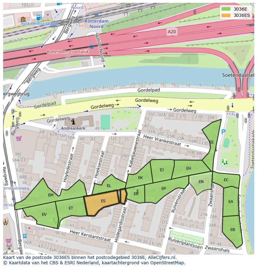 Afbeelding van het postcodegebied 3036 ES op de kaart.