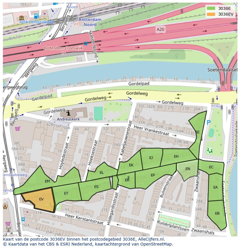 Afbeelding van het postcodegebied 3036 EV op de kaart.