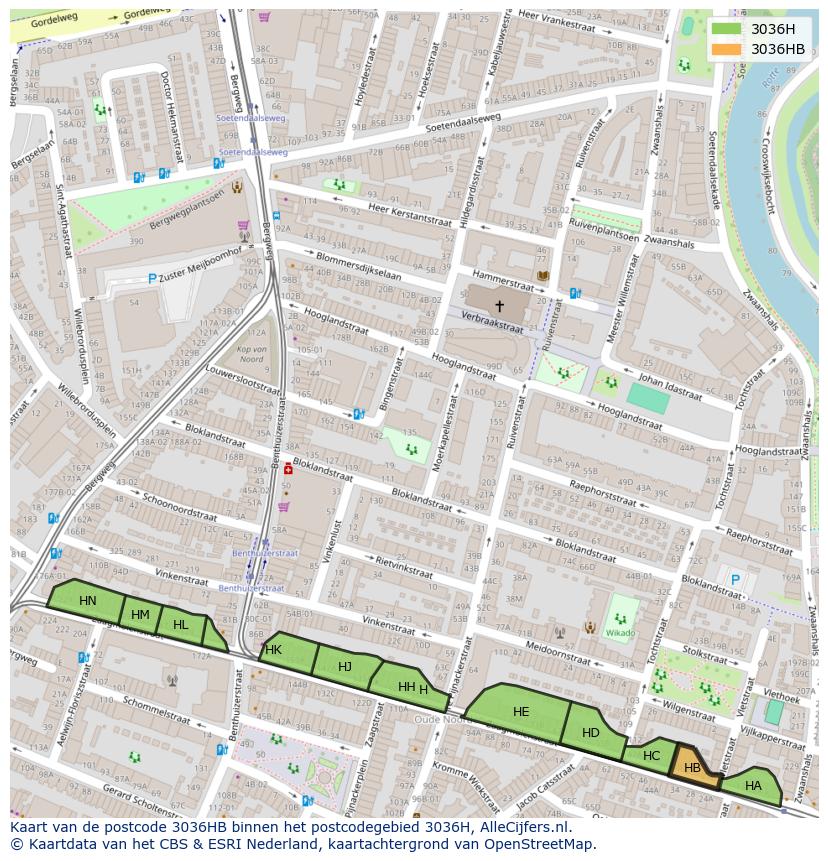 Afbeelding van het postcodegebied 3036 HB op de kaart.