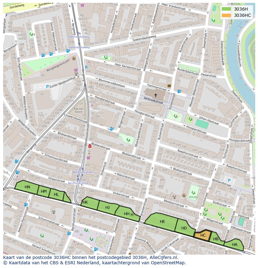 Afbeelding van het postcodegebied 3036 HC op de kaart.