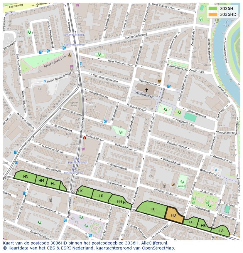 Afbeelding van het postcodegebied 3036 HD op de kaart.