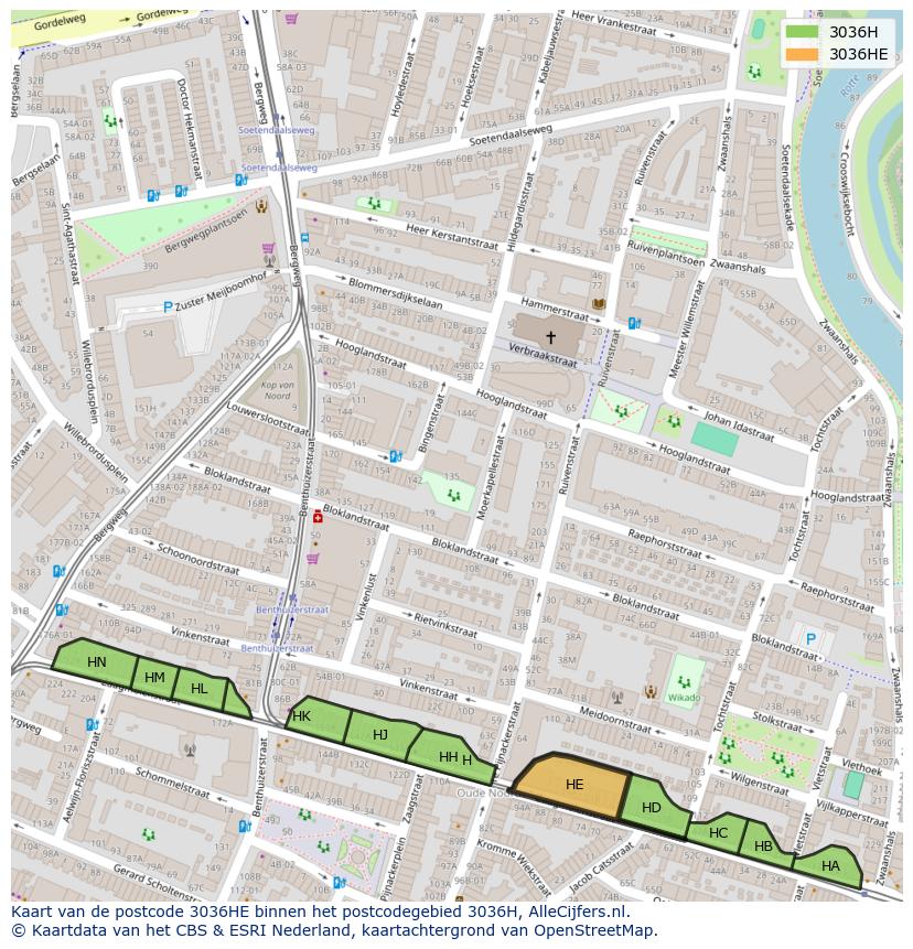 Afbeelding van het postcodegebied 3036 HE op de kaart.