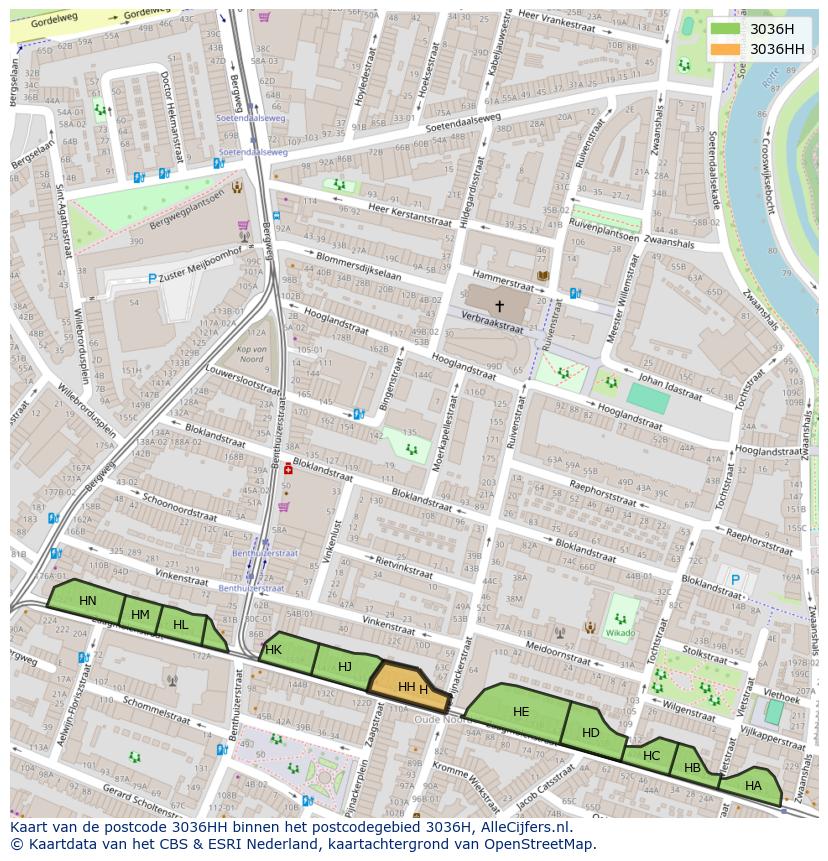 Afbeelding van het postcodegebied 3036 HH op de kaart.